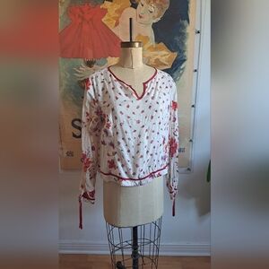 Elegant Floral V-Neck Blouse - Red and White